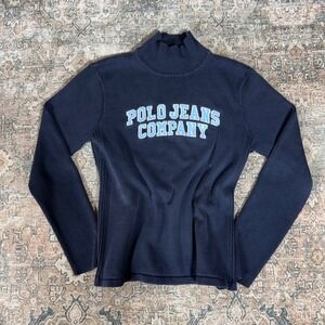 Polo Jeans Co Ralph Lauren Mock Neck Sweater Navy Blue Spellout Vintage XL